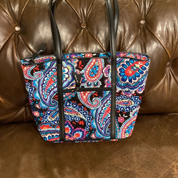 VERA BRADY FLORAL Parisian paisley TOTE WITH Blk LEATHER STRAPS 14in strap